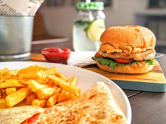 Chicken burger with fries